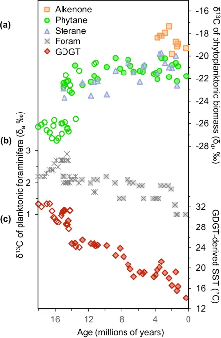 Continuous sterane and phytane δ13C record reveals a substantial pCO2 decline since the mid-Miocene - Nature Communications